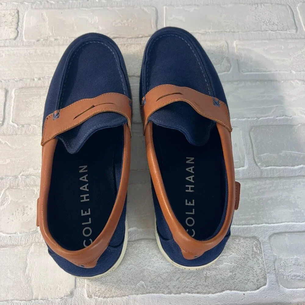 Cole Haan‎ Mens 9.5 M Nantucket 2.0 Navy Blue Brown Canvas Slip On Penny Loafer